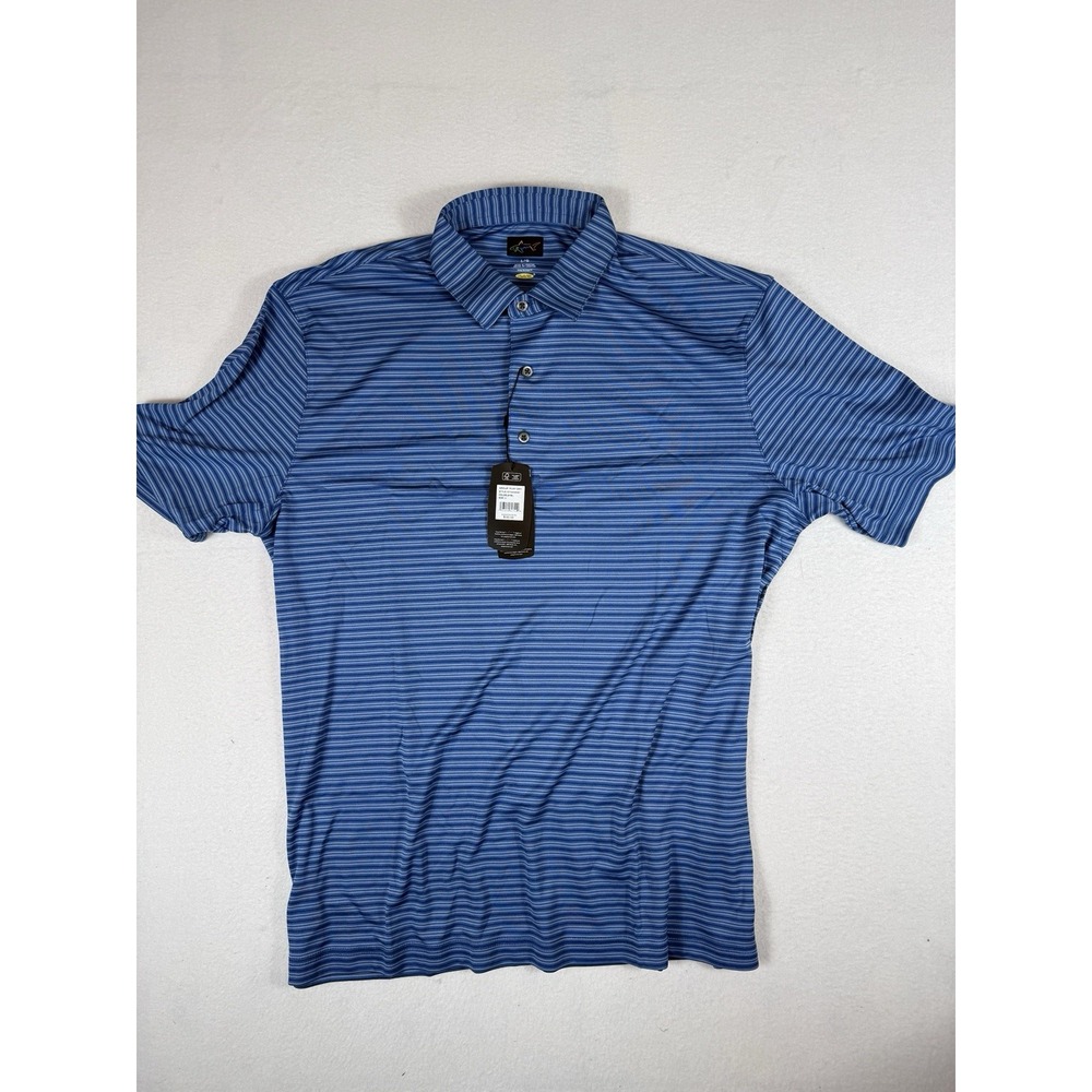 Greg Norman PlayDry Mens Golf Polo Shirt NWT Size L Blue Striped Short Sleeve